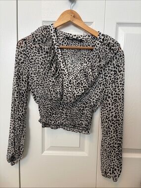 Zara Black and White Leopard Print Ruffle V-Neck Smocked Blouse